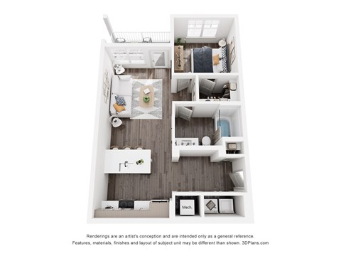 Floor plan for 1 bed, 1 bath, 689 sqft